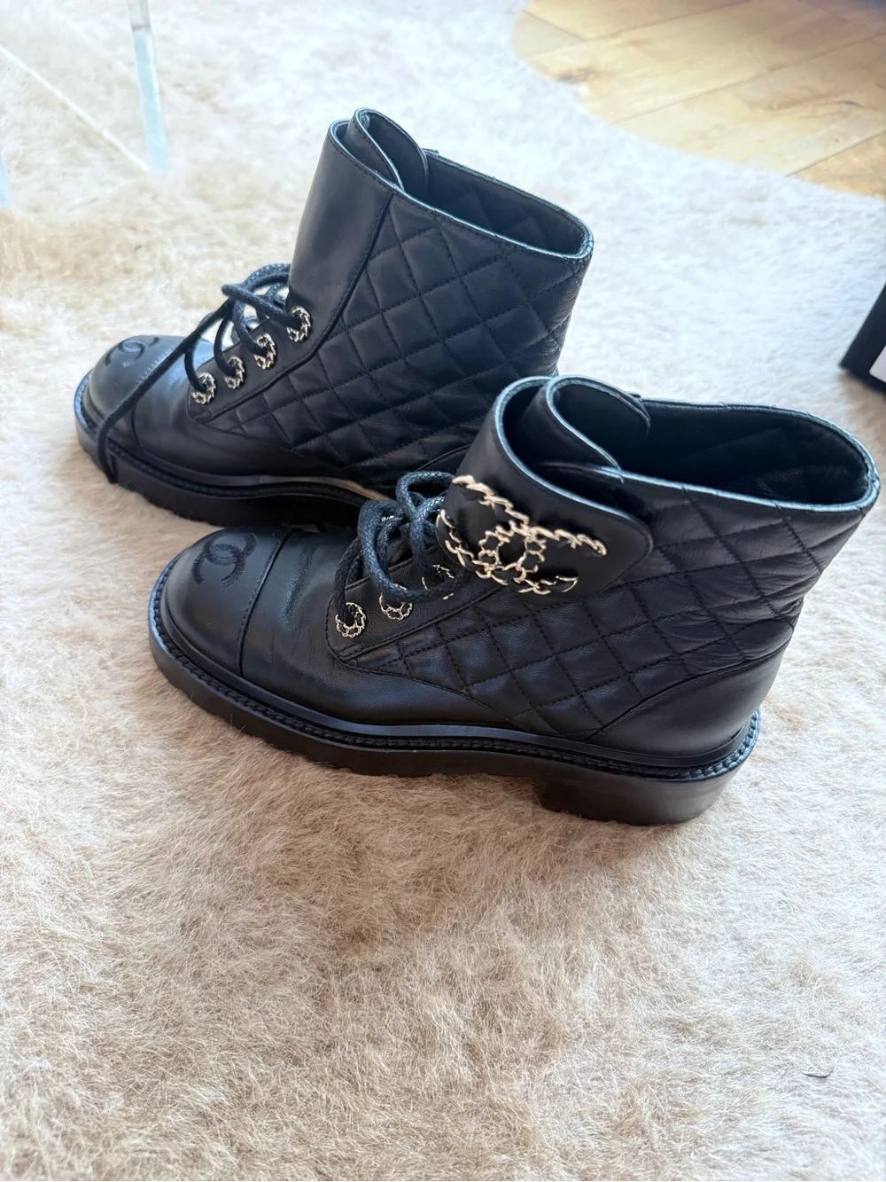 CHANEL Black Quilted Leather Combat Boots with Chain CC Detailing size 5